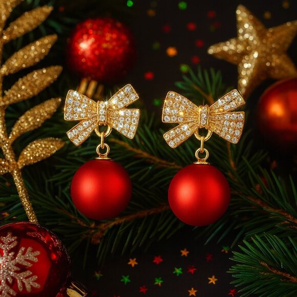 🆕️Holiday Red Ornament Bow Tie Earrings Sparkling Zircon Festive Jewelry Gift - Picture 14 of 15